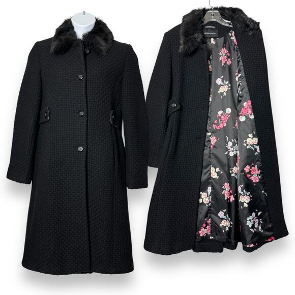 Vintage Moda Coat Wool Blend Faux Fur Collar Midi Women 14 Black Luxury Princess - Picture 1 of 16